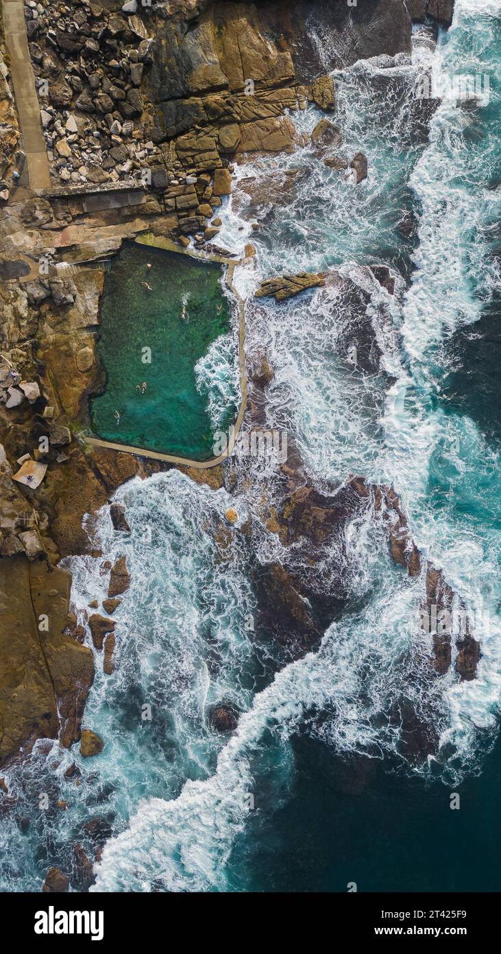 Una vista aerea di Mahon Pool Beach a Maroubra, nuovo Galles del Sud, Australia Foto Stock