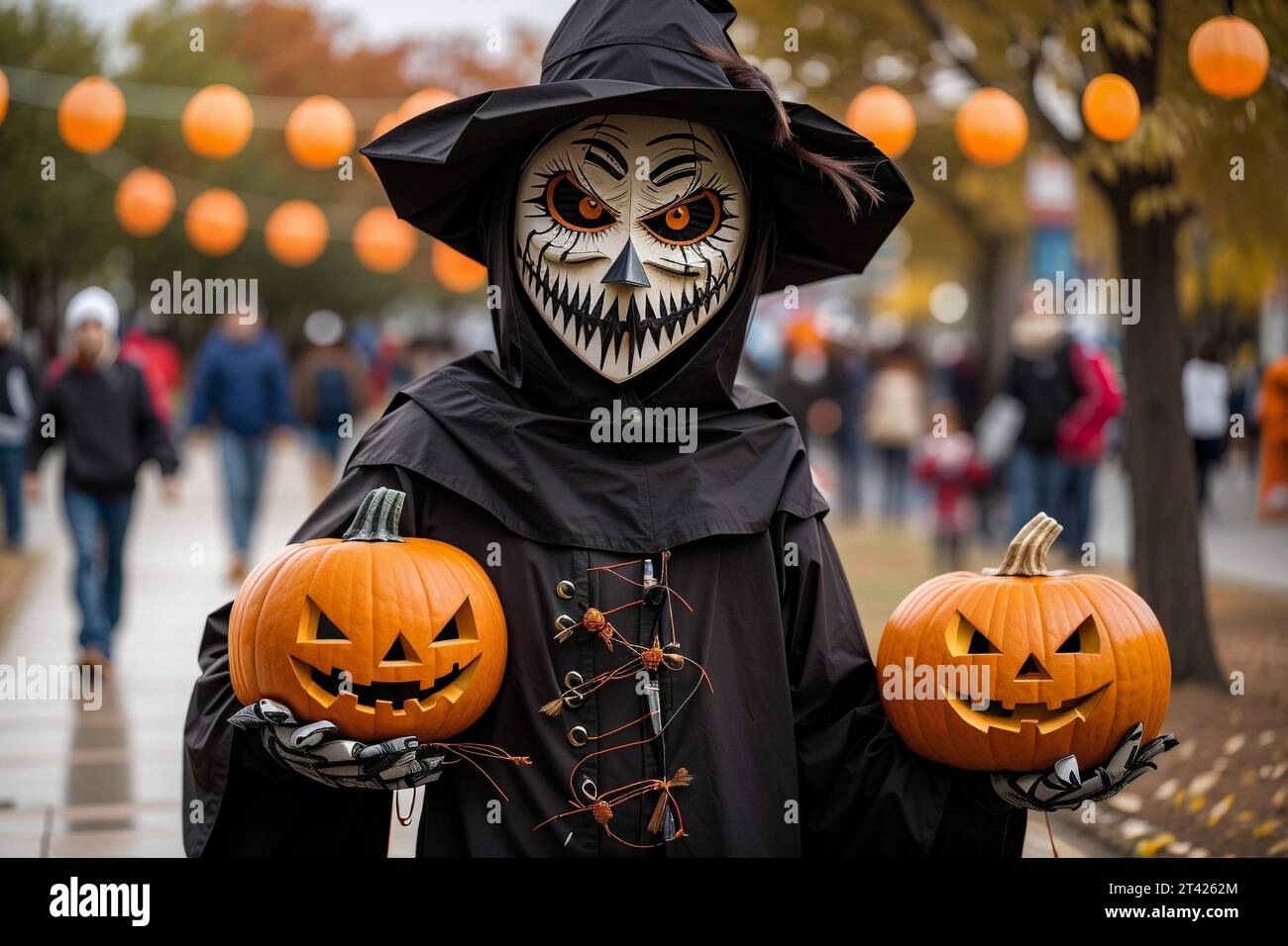 Una persona che indossa un costume raffigurante uno scheletro invecchiato e tiene in mano due lanterne di zucca illuminate Foto Stock