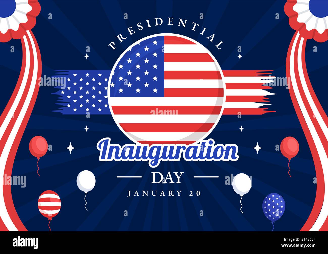 USA Presidential Inauguration Day Vector Illustration il 20 gennaio con il Campidoglio di Washington D.C. e la bandiera americana in background Design Illustrazione Vettoriale