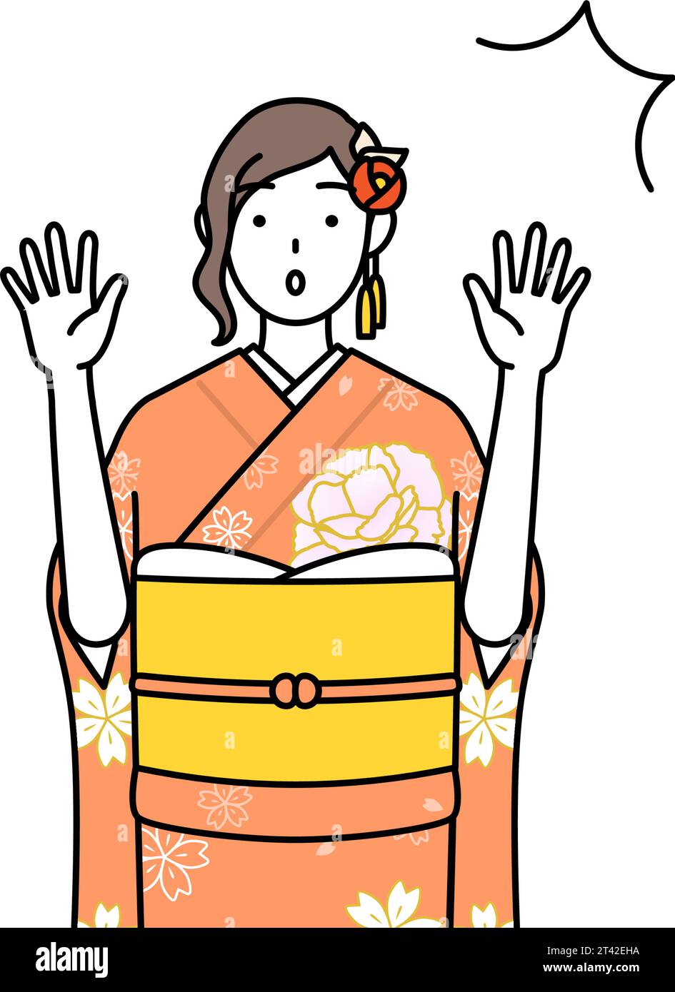 Hatsumode alle cerimonie di Capodanno e di maturità, alle cerimonie di laurea, ai matrimoni, ecc., donna in furisode che alza la mano di sorpresa, Vector Ill Illustrazione Vettoriale