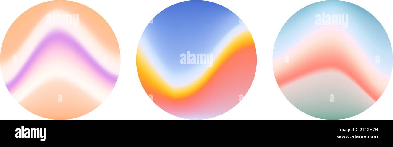 Set olografico di sfondo sfumato ondulato tondo. Raccolta di sfondi a onde liquide sfocate. Sfondi astratti colorati e iridescenti in cerchi. Modelli di sfere vettoriali per banner, volantini, copertina, poster Illustrazione Vettoriale
