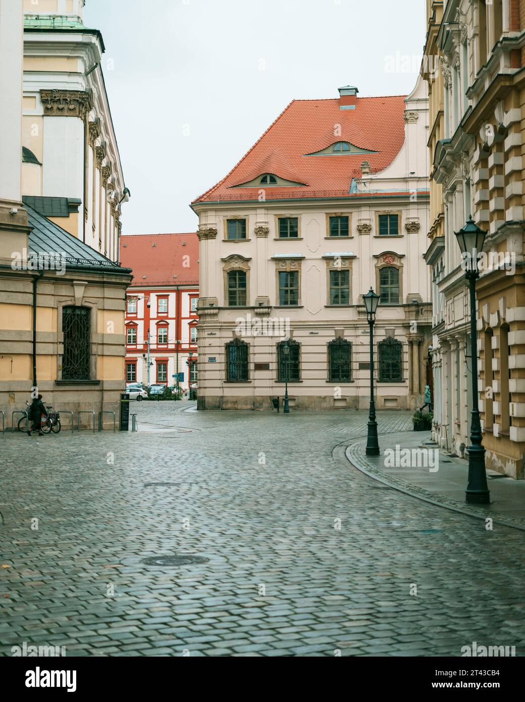 Edifici storici e strade acciottolate a Plac Uniwersytecki, a Wrocław, Polonia Foto Stock