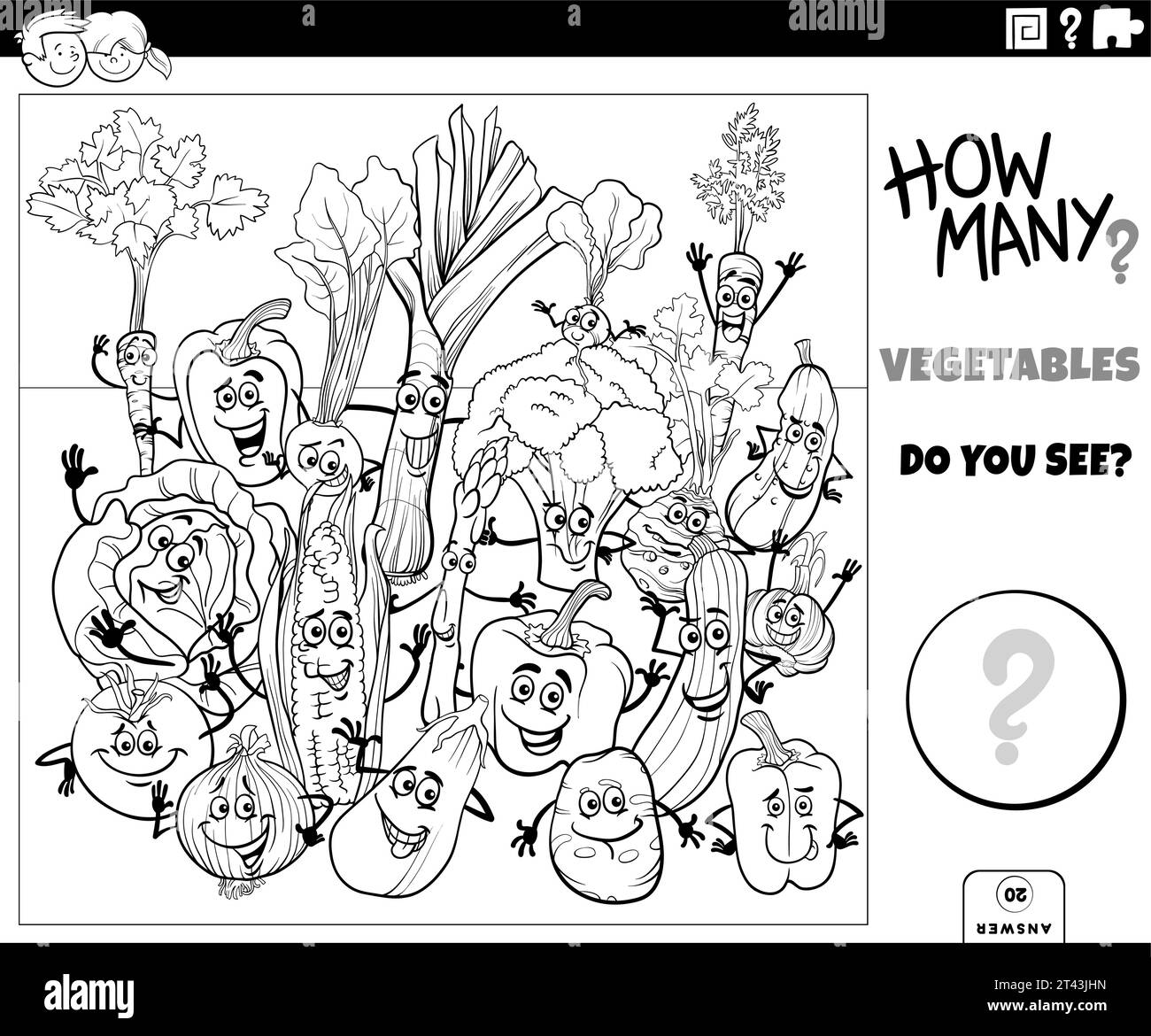 Illustrazione in bianco e nero dell'attività di conteggio educativo con la pagina da colorare dei personaggi delle verdure dei cartoni animati Illustrazione Vettoriale