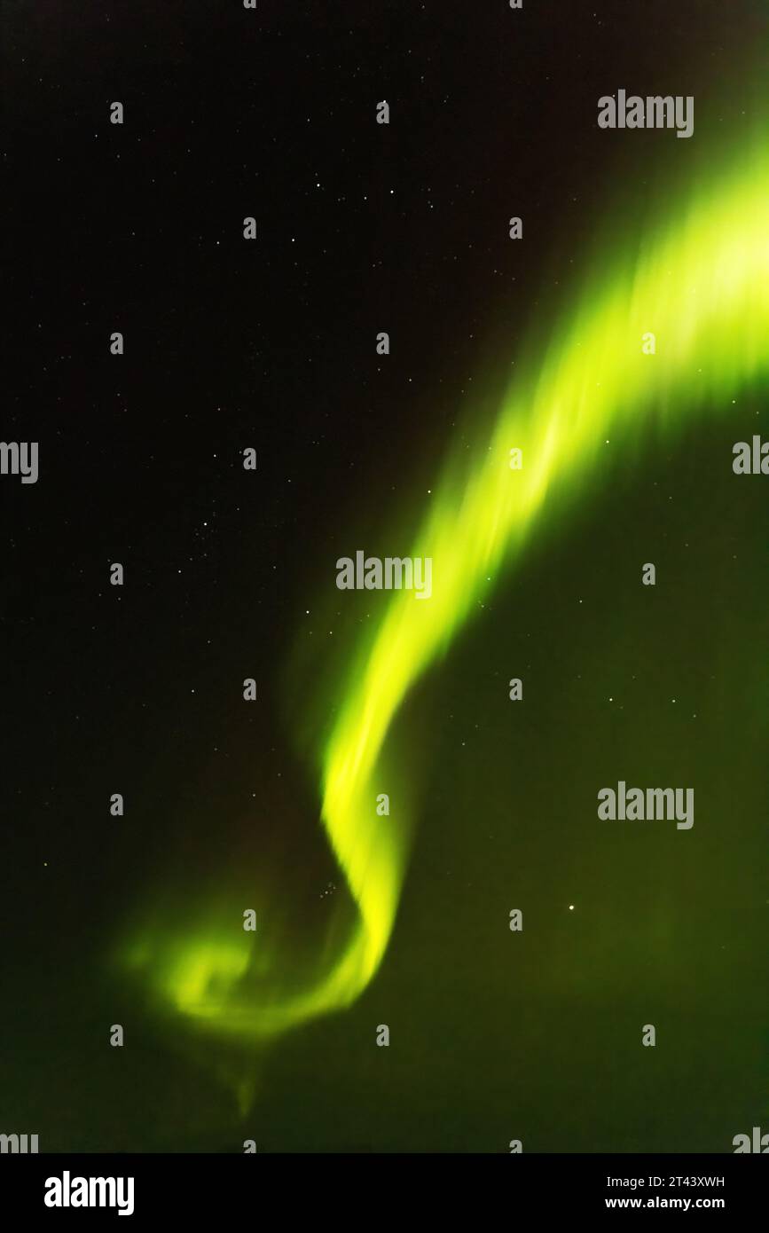 Aurora boreale o aurora boreale vista di notte, disturbi della magnetosfera dovuti al vento solare; Groenlandia, Artico. - Arctic Travel. Tipo di banda verde Foto Stock