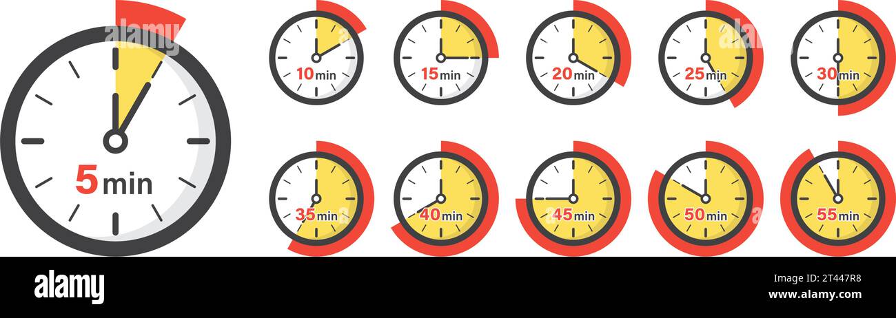 Da 5 minuti a 55 minuti sull'icona del cronometro in stile piatto. Illustrazione vettoriale timer quadrante orologio su sfondo isolato. Conto alla rovescia, segno di business con Illustrazione Vettoriale