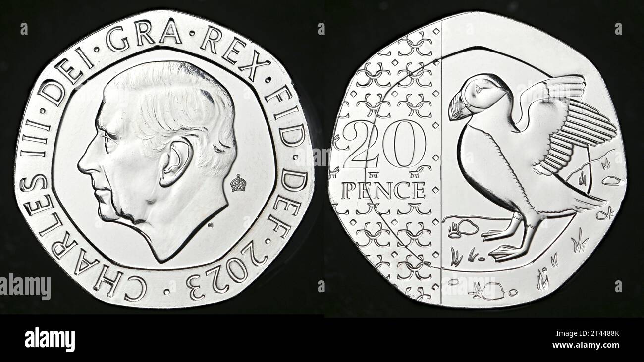 Prima moneta definitiva da 20p con re Carlo III, emessa nel 2023. Puffin Foto Stock