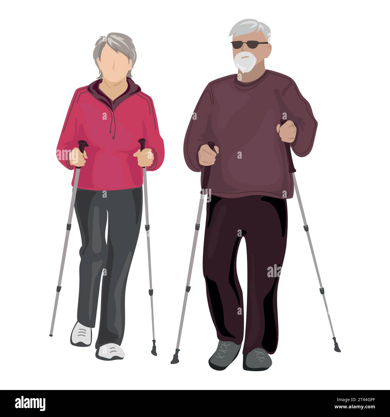 Coppia anziana che esegue nordic walking con stikcs illustrazione vettoriale.personaggi anziani che fanno sport.nonna e nonno si allenano insieme. Illustrazione Vettoriale