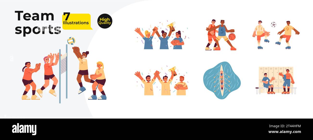 Pacchetto illustrazioni piatte cartoni animati sport da squadra Illustrazione Vettoriale