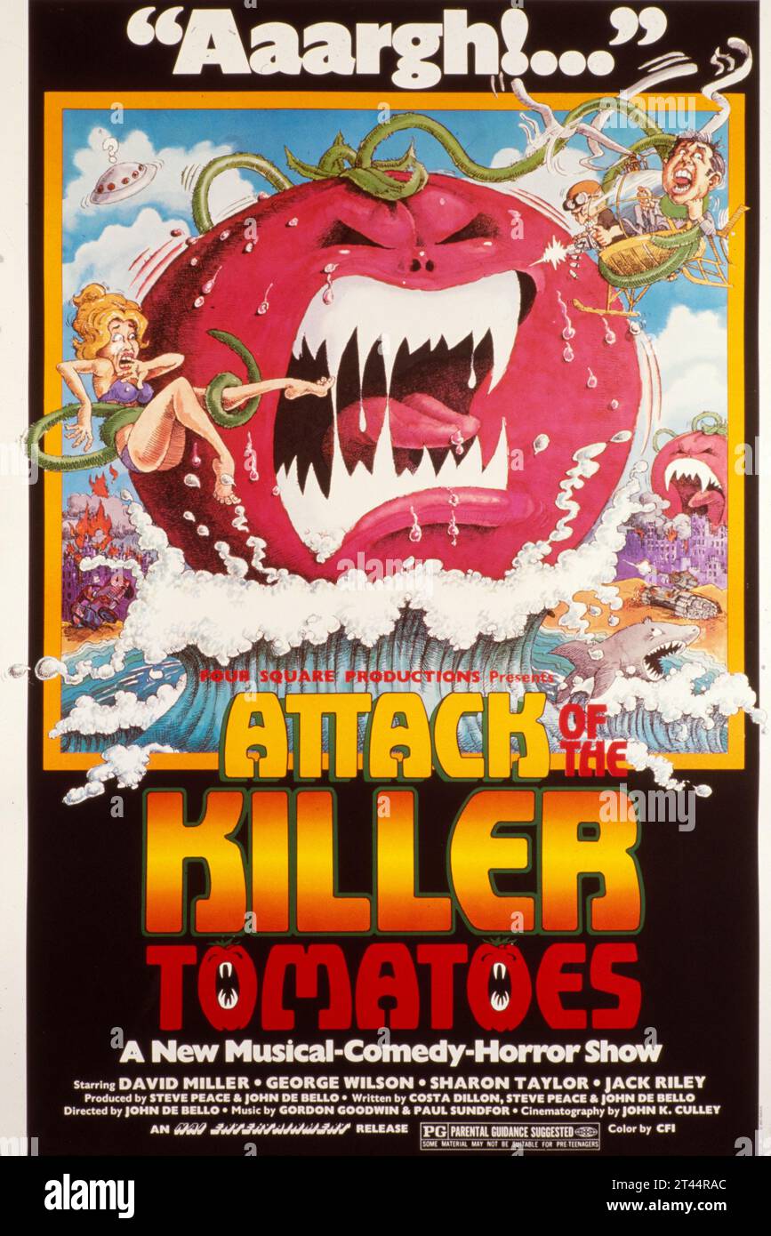 Poster cinematografico per l'attacco dei pomodori Killer, una parodia del film B. Diretto da John DeBello. 1978. Foto Stock