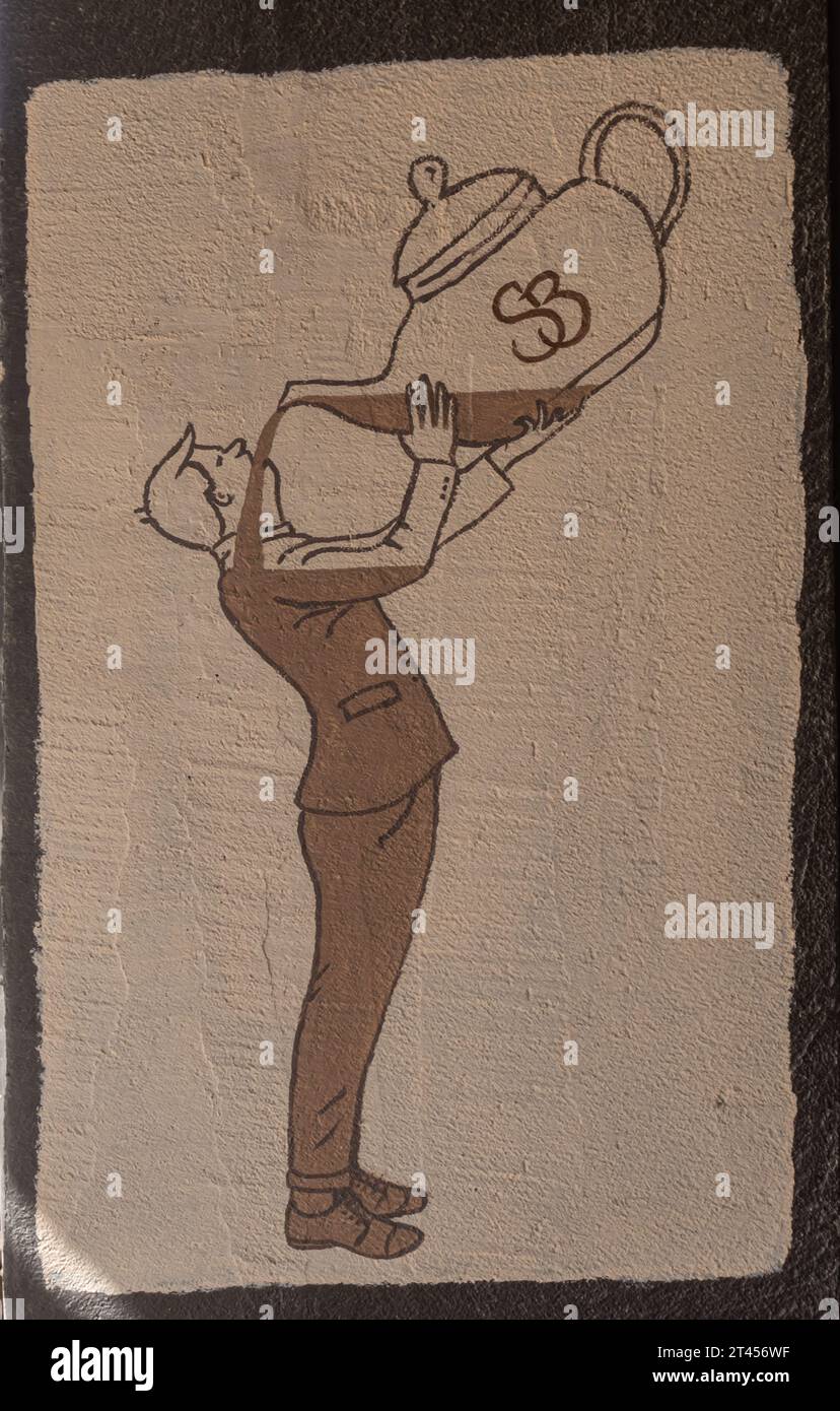 Simpatica insegna grafica per il bar. Un uomo che beve caffè da una teiera che riempie un uomo. Bere del caffè. Autore sconosciuto Foto Stock