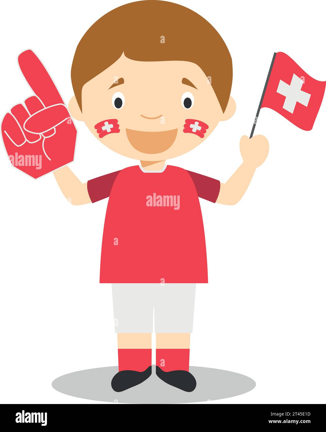 Tifoso della nazionale svizzera con bandiera e guanto Vector Illustration Illustrazione Vettoriale