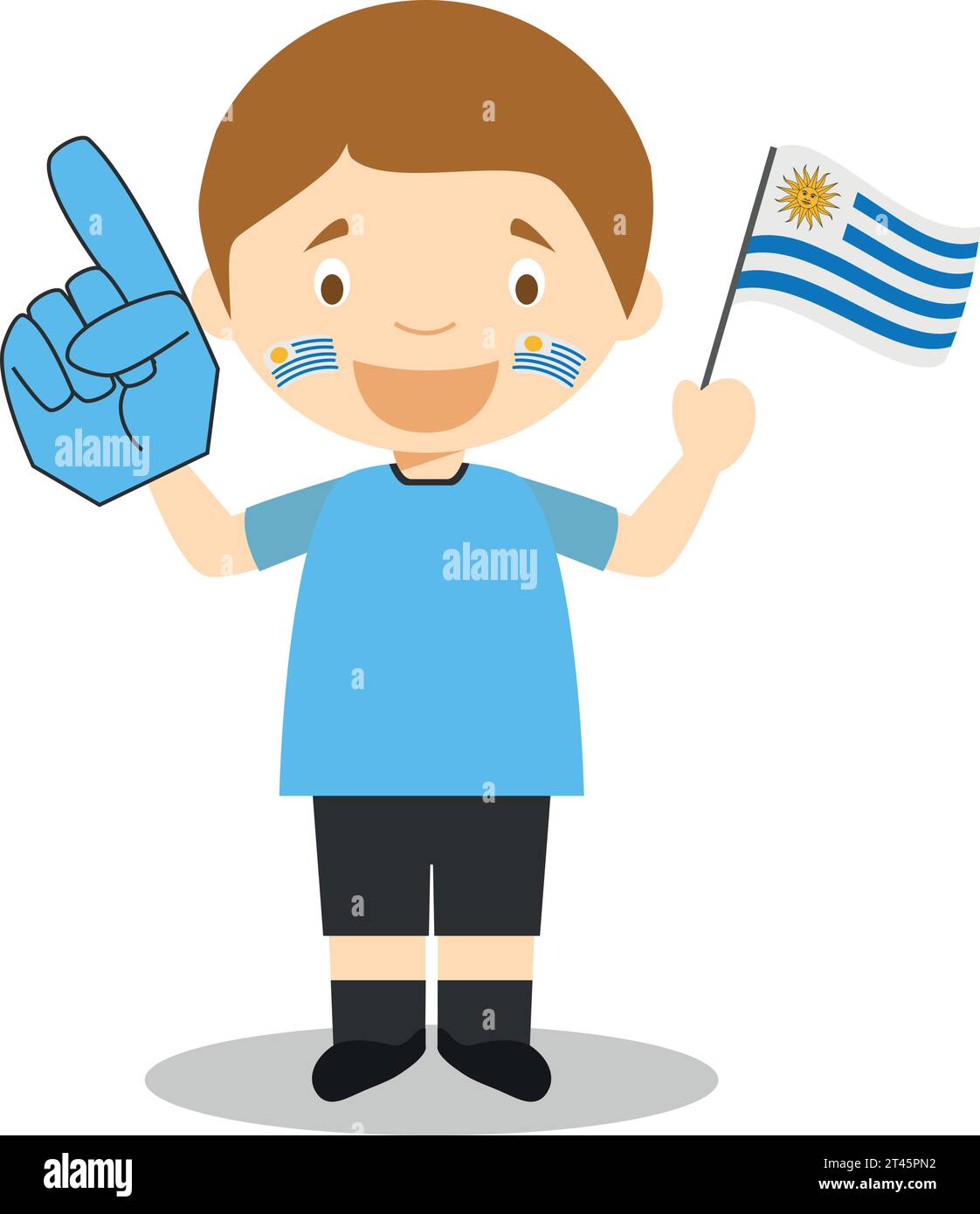 Tifoso della nazionale di sport dell'Uruguay con bandiera e guanto Vector Illustration Illustrazione Vettoriale