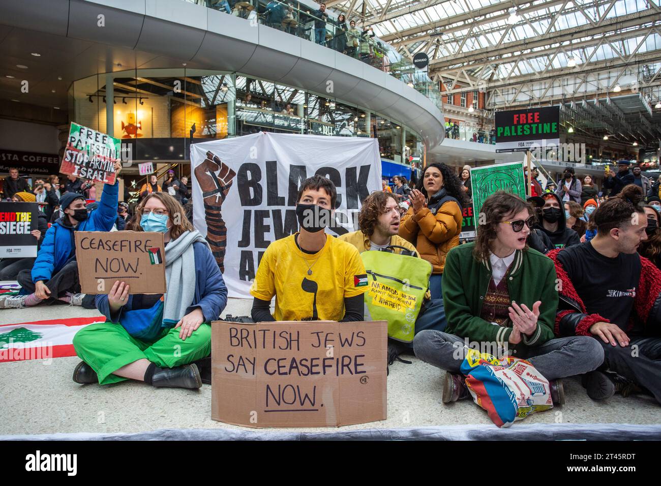 Londra, Regno Unito. 28 ottobre 2023. I manifestanti pro Palestina bloccano l'atrio della stazione di Waterloo. Gli ebrei britannici protestano con cartelli. Immagine di credito: © Horst Friedrichs credito: horst friedrichs/Alamy Live News Foto Stock