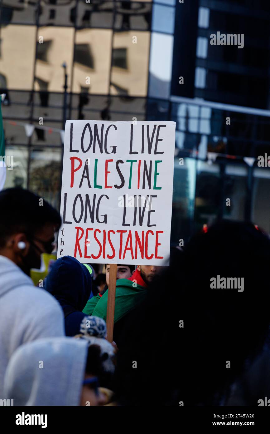Vancouver, British Columbia, Canada. 28 ottobre 2023. Una persona ha un cartello con la scritta "Long Live Palestine Long Live Resistance" mentre centinaia di persone si presentano alla Vancouver Art Gallery per protestare contro le azioni compiute a Gaza contro il popolo palestinese (Credit Image: © Ryan Walter Wagner/ZUMA Press Wire) SOLO PER USO EDITORIALE! Non per USO commerciale! Foto Stock