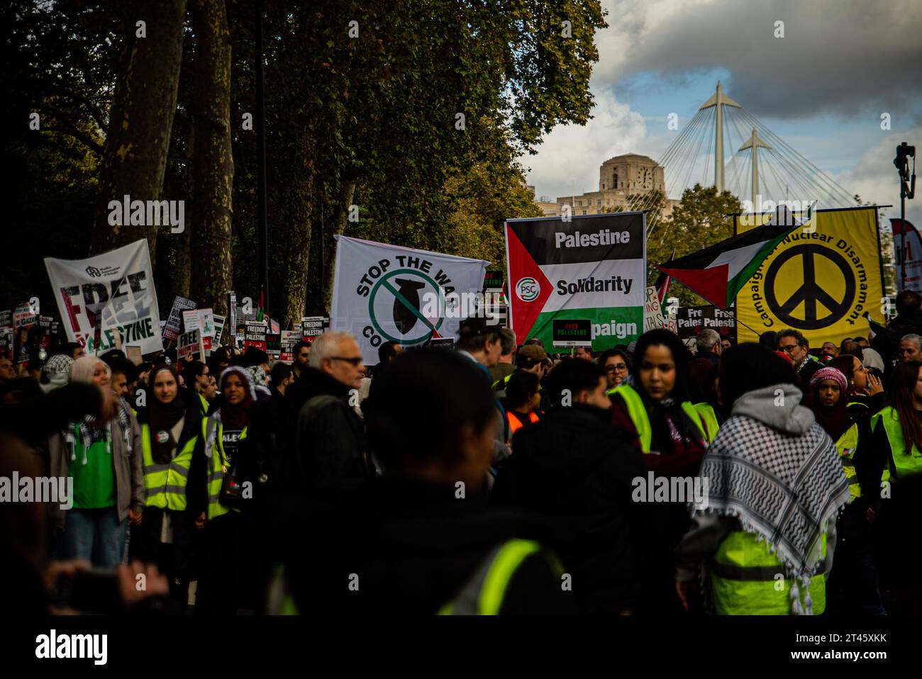 Londra, Regno Unito - 28 ottobre 2023: marcia pro-Palestina organizzata da Friends of al-Aqsa nel centro di Londra in solidarietà con Gaza. Foto Stock