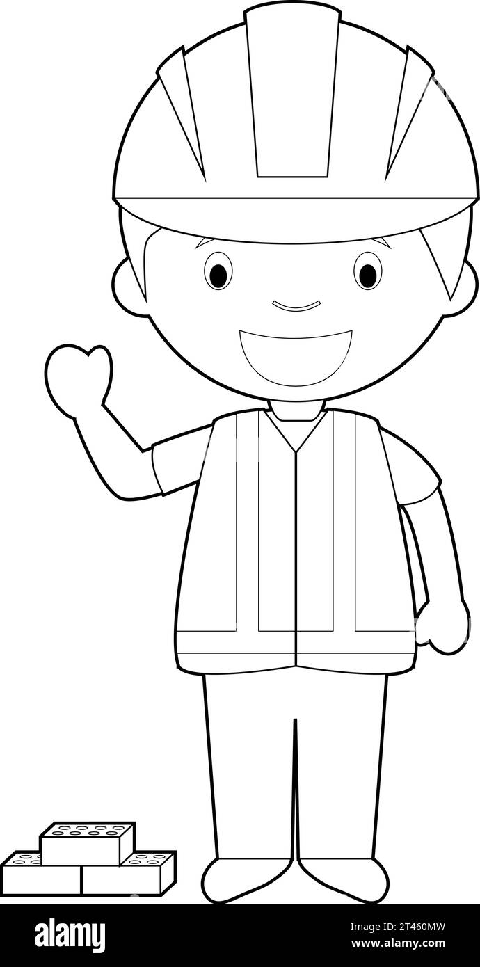 Semplice illustrazione vettoriale dei cartoni animati da colorare di un costruttore. Illustrazione Vettoriale