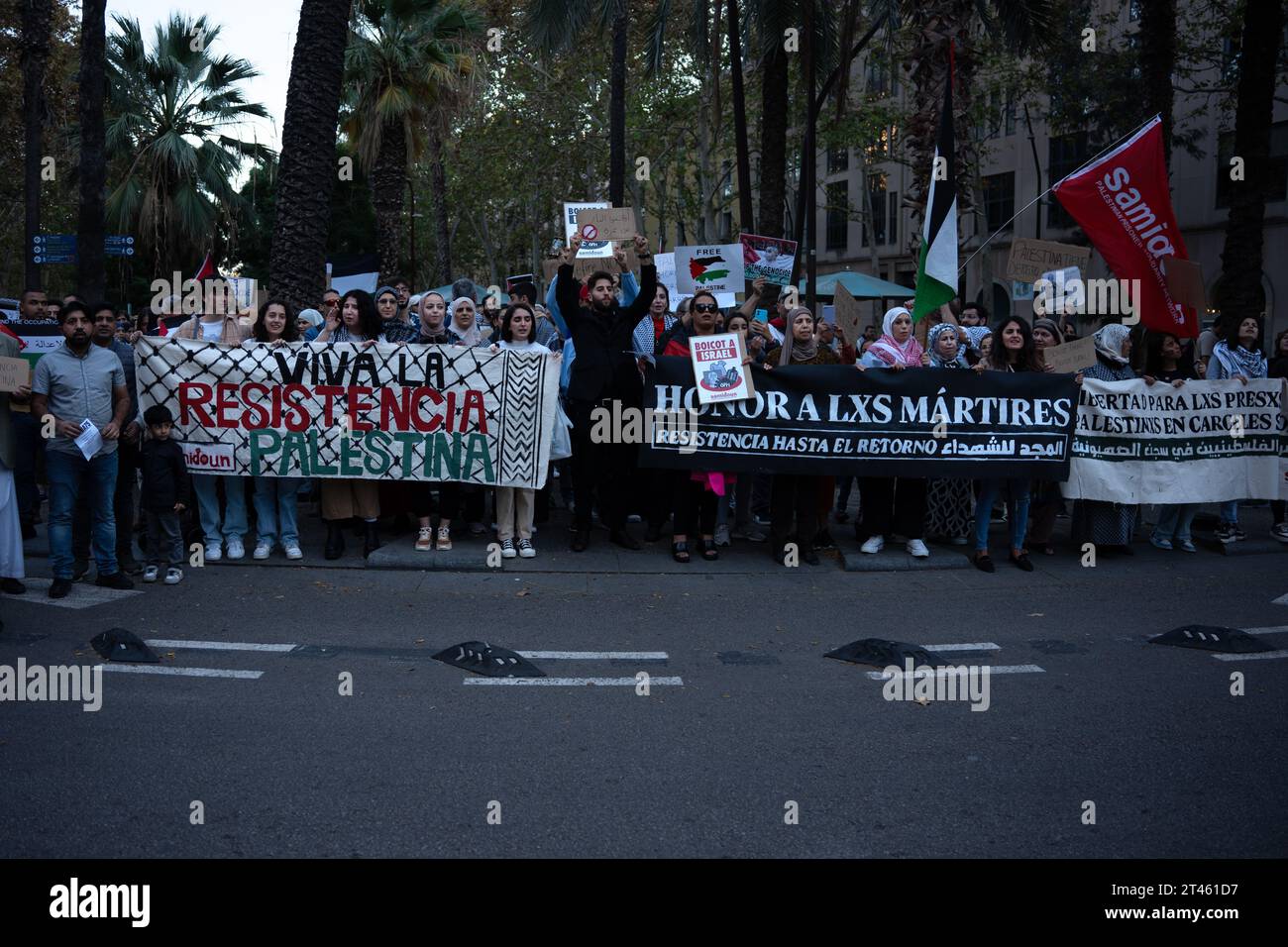 Barcellona, Spagna. 28 ottobre 2023. La comunità palestinese a Barcellona tiene striscioni durante la manifestazione. Circa 300 persone hanno marciato dalla Rambla del Raval alla sede della Commissione europea a Barcellona come parte di una nuova manifestazione pro-palestinese. (Foto di Ximena Borrazas/SOPA Images/Sipa USA) credito: SIPA USA/Alamy Live News Foto Stock