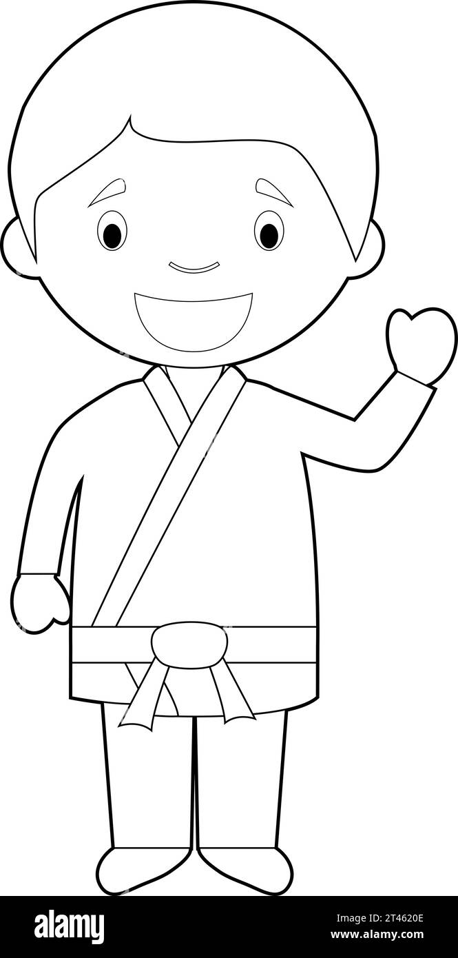 Illustrazione vettoriale di un cartoni animati facile da colorare di un karateka. Illustrazione Vettoriale