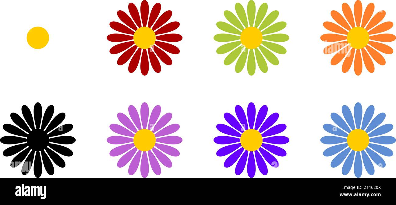 Set di icone colorate con simbolo di fiori bianco rosso verde arancione giallo e rosa a margherita. Immagine vettoriale. Illustrazione Vettoriale