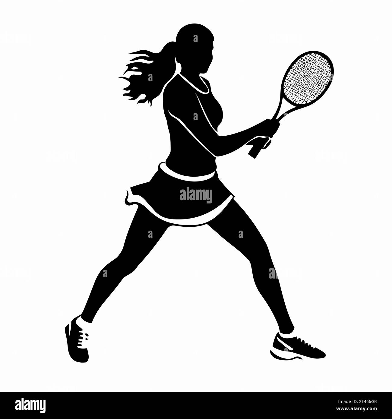 Silhouette da tennista femminile. Icona nera giocatrice di tennis su sfondo bianco Illustrazione Vettoriale