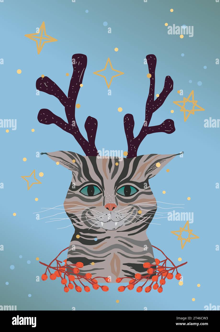 Cartolina natalizia di un bellissimo gatto con corna di renne su sfondo blu stellato. Gatto di Natale Illustrazione Vettoriale