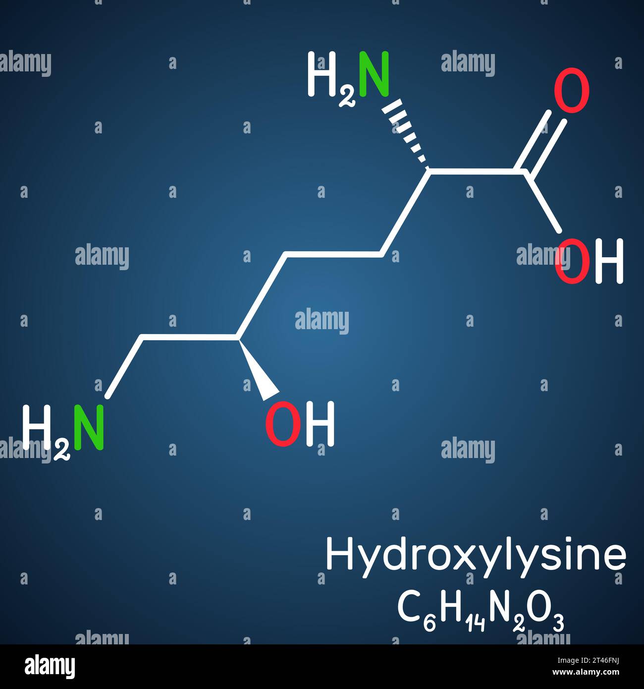 Idrossilisina, molecola Hyl. È aminoacido, metabolita umano. Formula chimica strutturale su sfondo blu scuro. Illustrazione vettoriale Illustrazione Vettoriale
