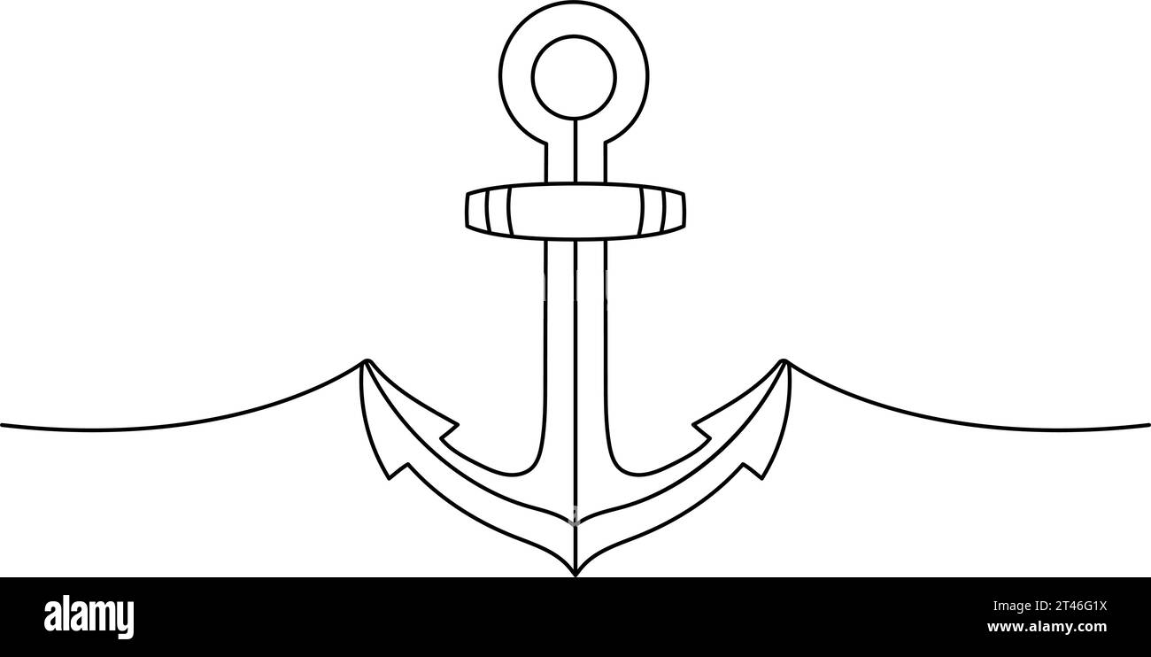 Disegno continuo di una linea del pirata dell'ancora di mare. Tatuaggio di vecchia scuola, illustrazione continua a una riga. Illustrazione lineare minimalista vettoriale. Illustrazione Vettoriale