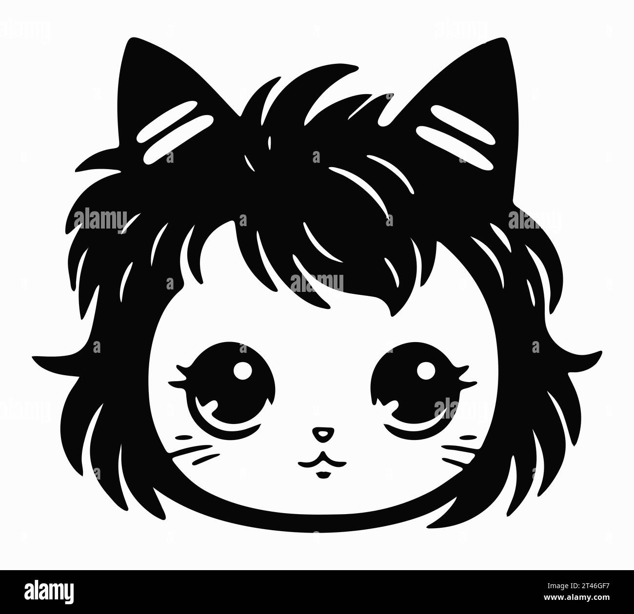 Graziosa faccia di gatto isolata su sfondo bianco. Testa di gattino dei cartoni animati, icona vettoriale. Logo silhouette nero. Schizzo disegnato a mano volto del personaggio gattino nell'anime Illustrazione Vettoriale