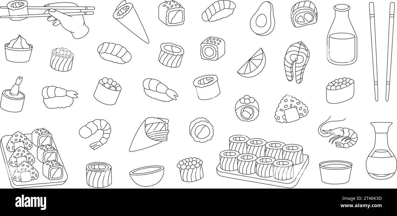 Set per contorno sushi. Cucina giapponese. Ikura sushi, tobiko maki, philadelphia roll, onigiri, gamberi nigiri, futomaki, sake temaki, ciotola di soia, vasabi. Illustrazione Vettoriale