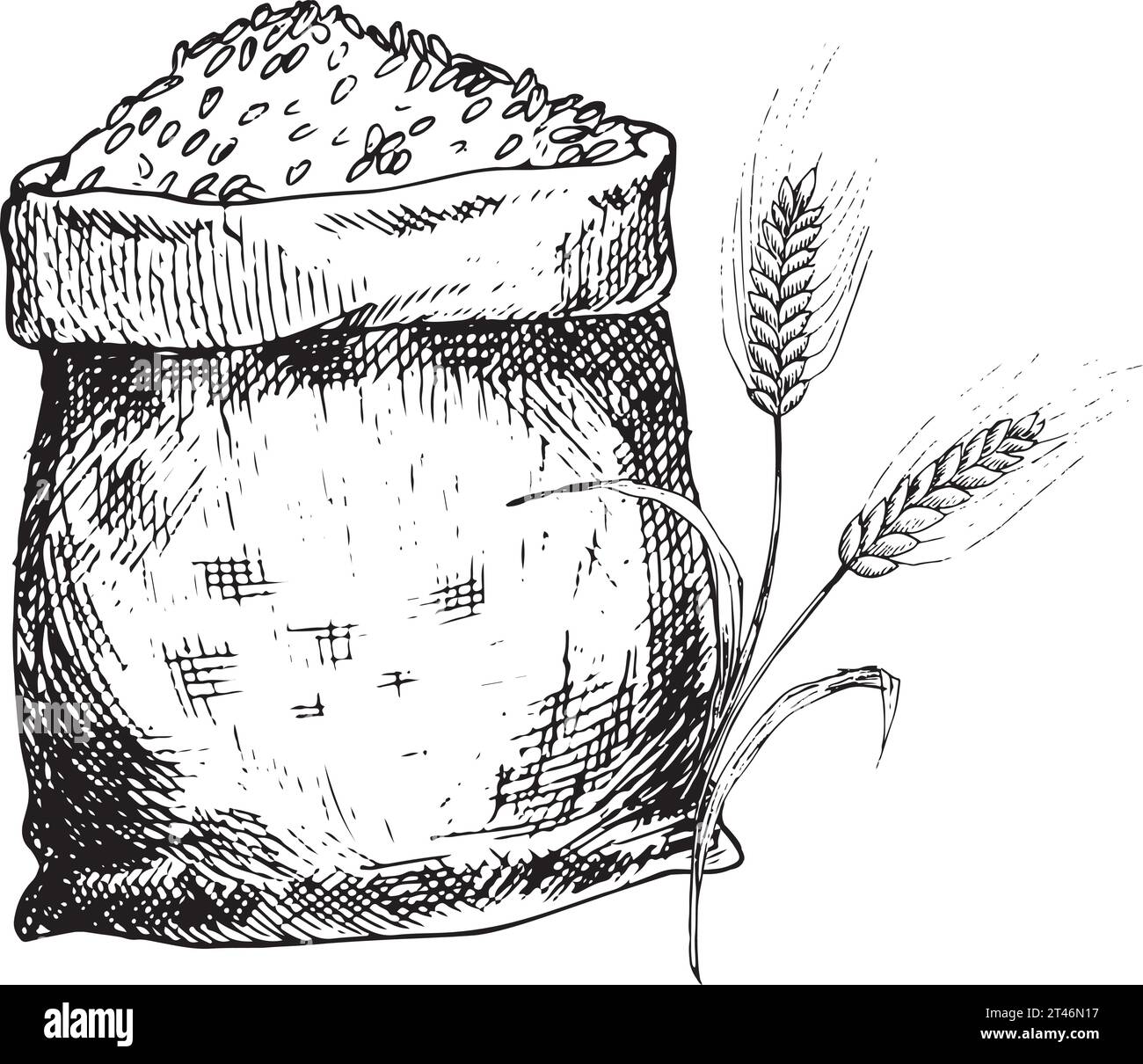 Illustrazione grafica vettoriale di un sacchetto di frumento con orecchie di frumento. Schizzo in bianco e nero su sfondo bianco. Adatto per logo, design da forno Illustrazione Vettoriale