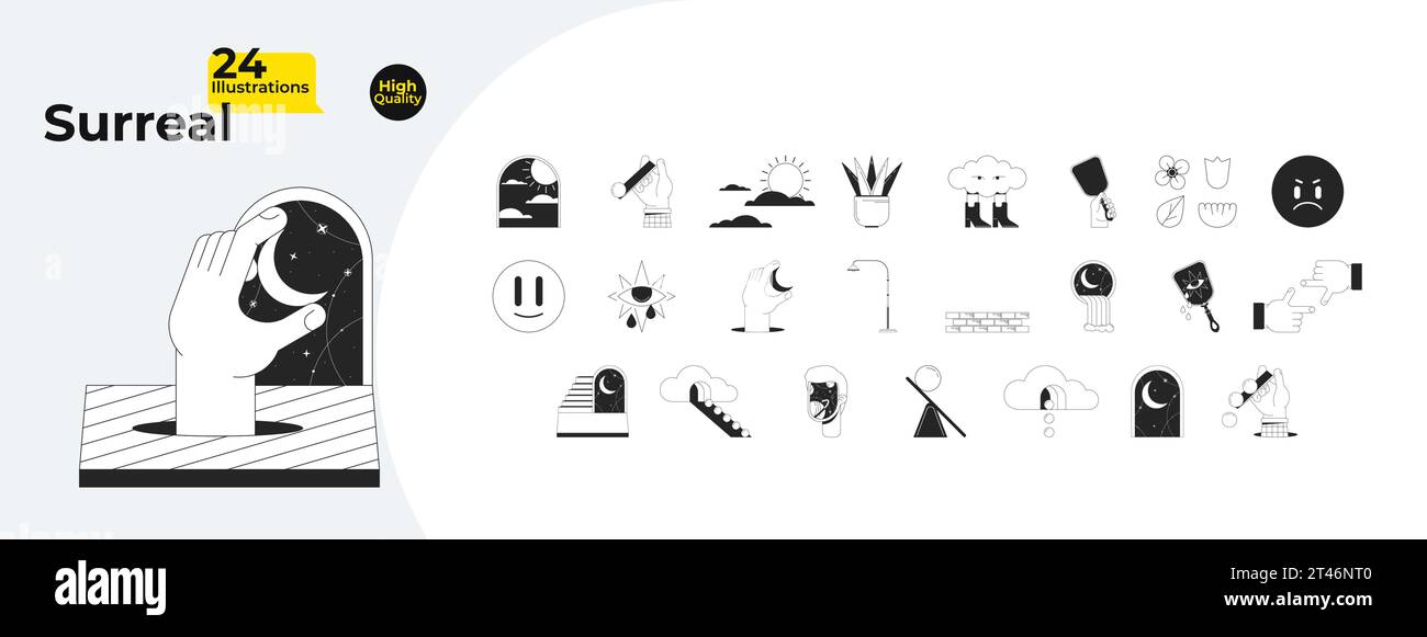Il surrealismo sogna il pacchetto di oggetti concept cartoon in 2D in bianco e nero Illustrazione Vettoriale