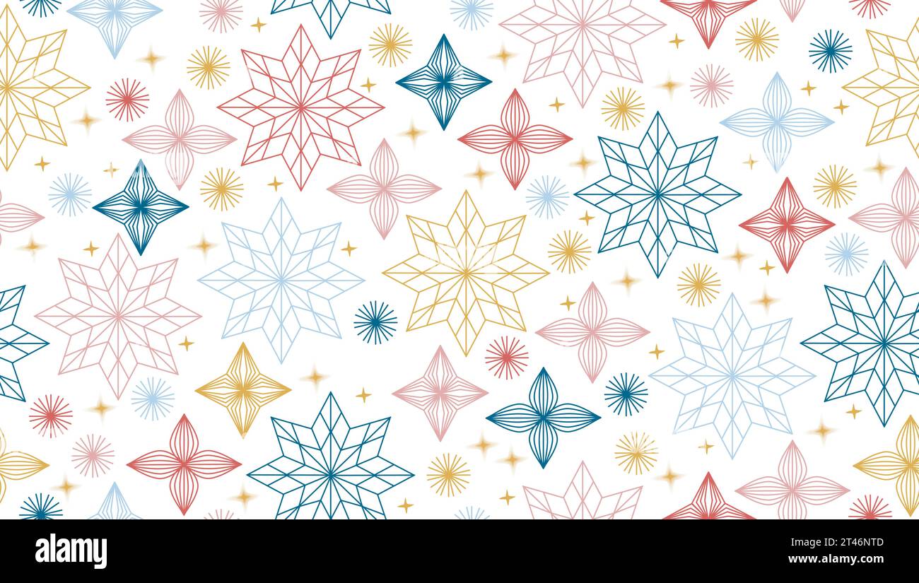 Stampato a forma di bordo natalizio di fiocchi di neve o stelle, nei colori natalizi. Risorsa grafica natalizia sfondo natalizio vettorizzato o. Illustrazione Vettoriale