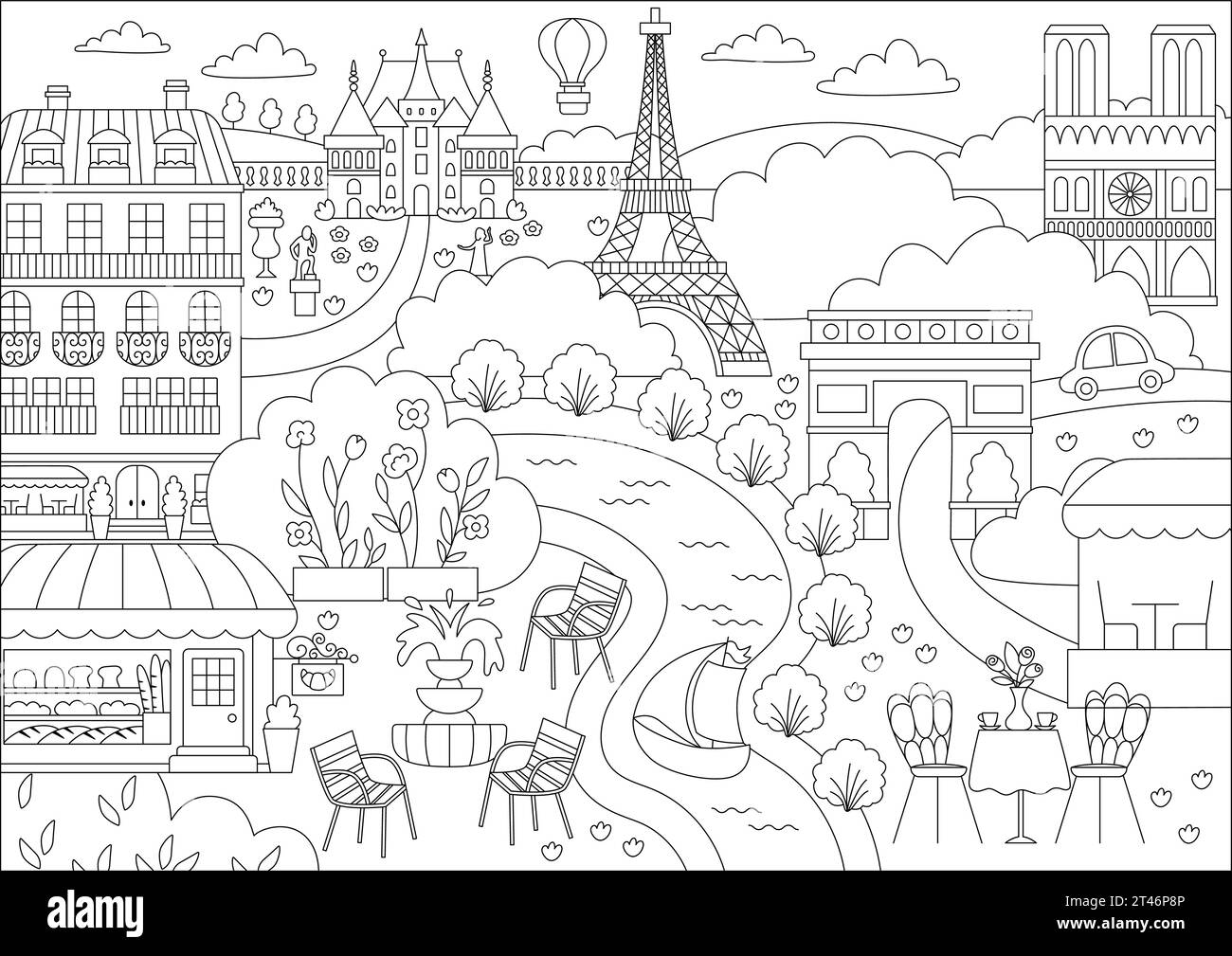 Illustrazione del paesaggio Vector Paris in bianco e nero. Scena della capitale francese con attrazioni, edifici, Torre Eiffel, panetteria. Carino backgrou della linea France Illustrazione Vettoriale