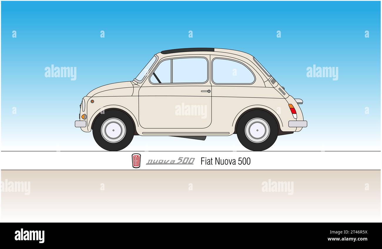 Italia, anno 1957, nuova Fiat 500 auto popolare, illustrazione colorata Foto Stock
