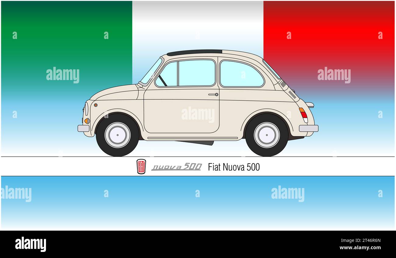 Italia, anno 1957, nuova Fiat 500 auto popolare con bandiera italiana sullo sfondo, illustrazione delineata Foto Stock