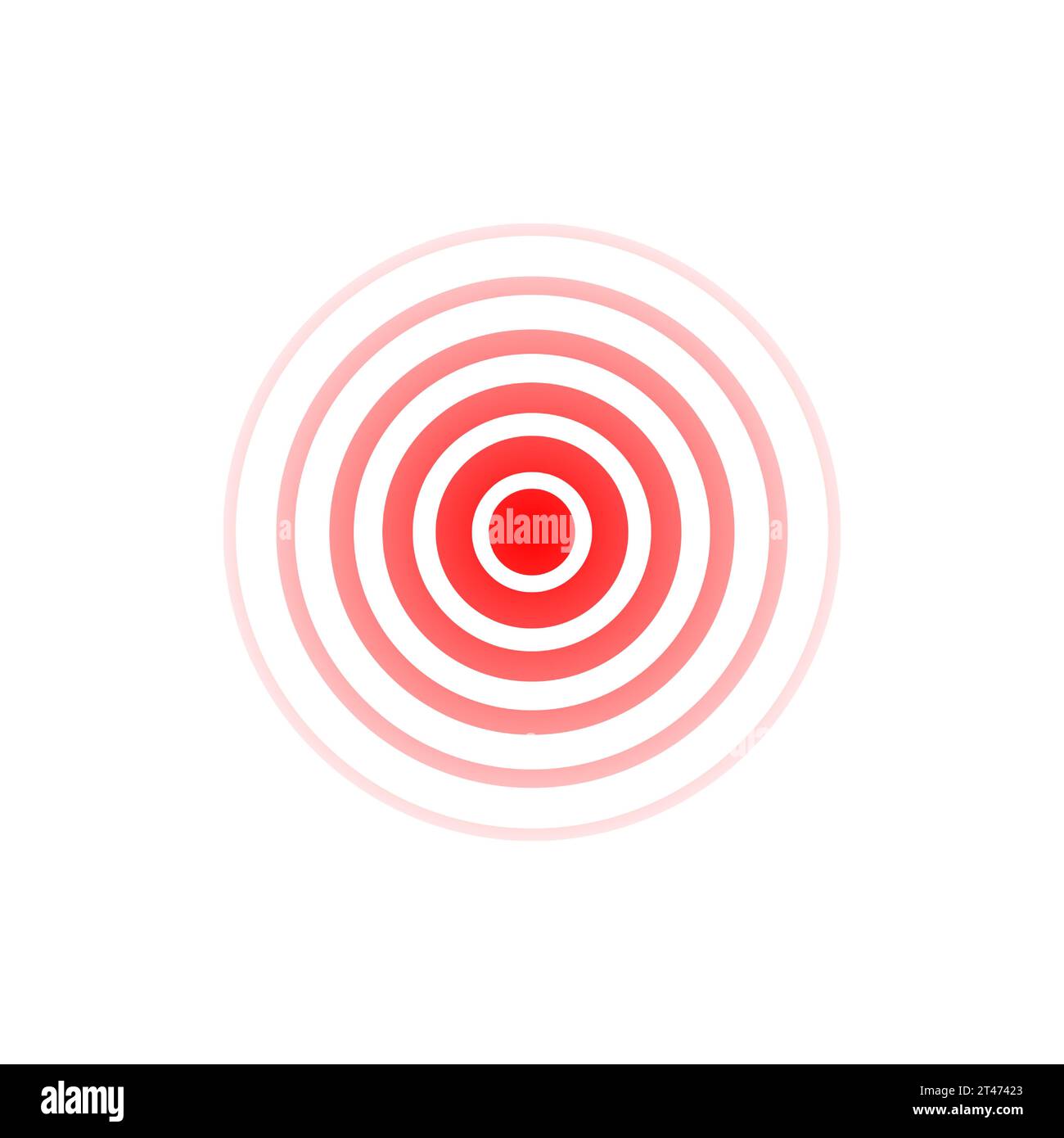 Onda circolare. Icona audio. Impulso effetto rosso isolato su sfondo bianco. Radar di segnale. Sonar pattern. Design della linea di vibrazione. Raggi radiali. Ondulazione arrotondata Illustrazione Vettoriale