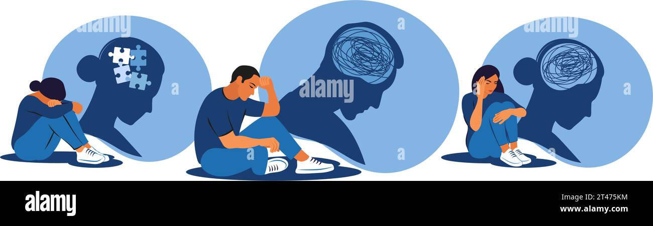 Persone depresse sedute sul pavimento e abbracciate le ginocchia. Concetto di salute mentale. Depressione, disturbo bipolare, ossessivo compulsivo, stress post traumatico Illustrazione Vettoriale