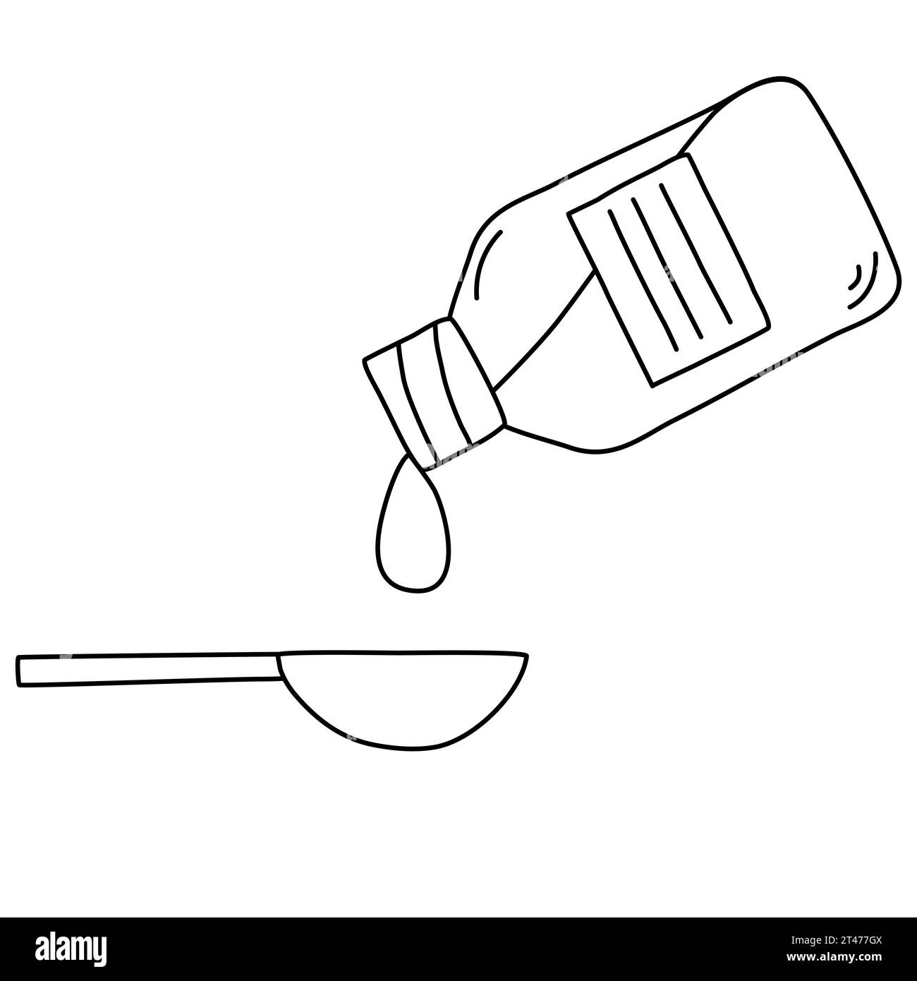 Versare sciroppo di medicina nel cucchiaio graduato dal flacone di vetro, sciroppo per tosse o trattamento medico, illustrazione del contorno vettoriale piatto in stile doodle per libri da colorare per bambini Illustrazione Vettoriale