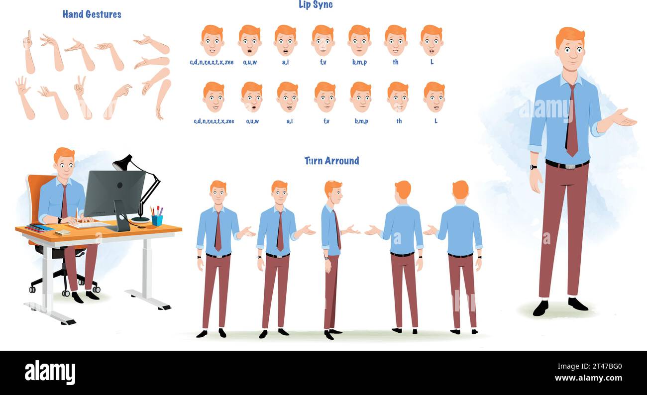 Un foglio modello di carattere per uomo d'affari per l'animazione. Foglio modello personaggio donna con sincronizzazione labbra, gesto della mano, rotazione foglio-02 Illustrazione Vettoriale