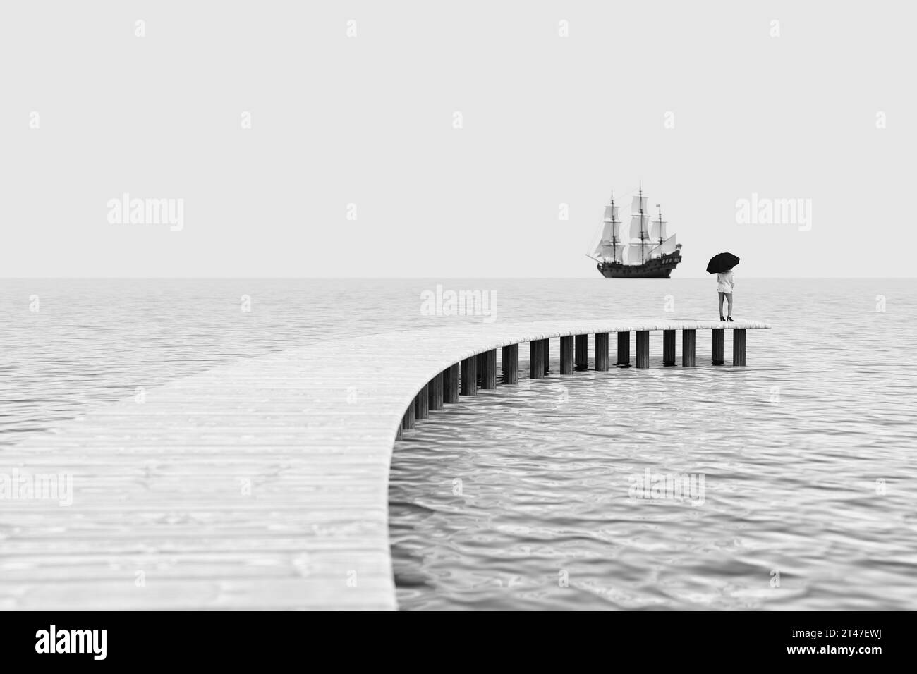 Concetto di malinconia. Donna in piedi con ombrello su un ponte marino di legno che guarda una barca a vela da un estremo primo piano. Rendering 3D. Foto Stock