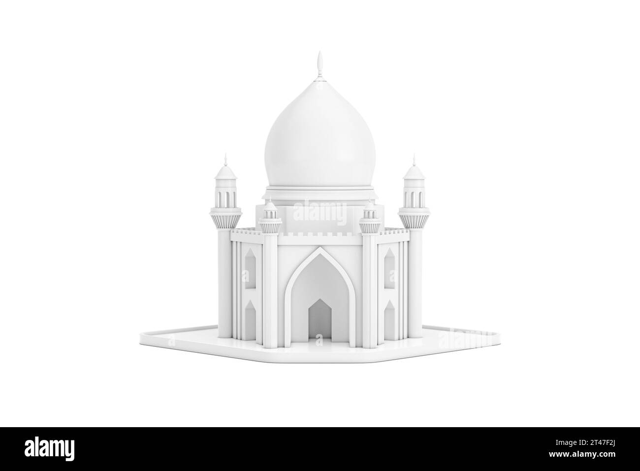 Moschea islamica bianca e icona del modello di edificio del minareto su sfondo bianco. Rendering 3D. Foto Stock