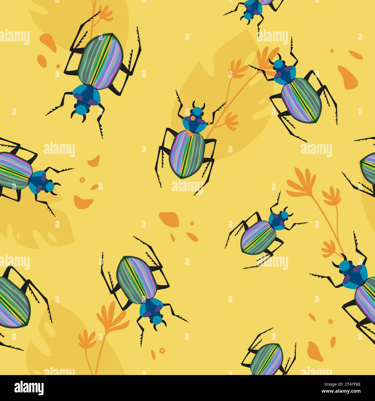 Scarabeo colorato e decorazioni fogliari senza cuciture Illustrazione Vettoriale