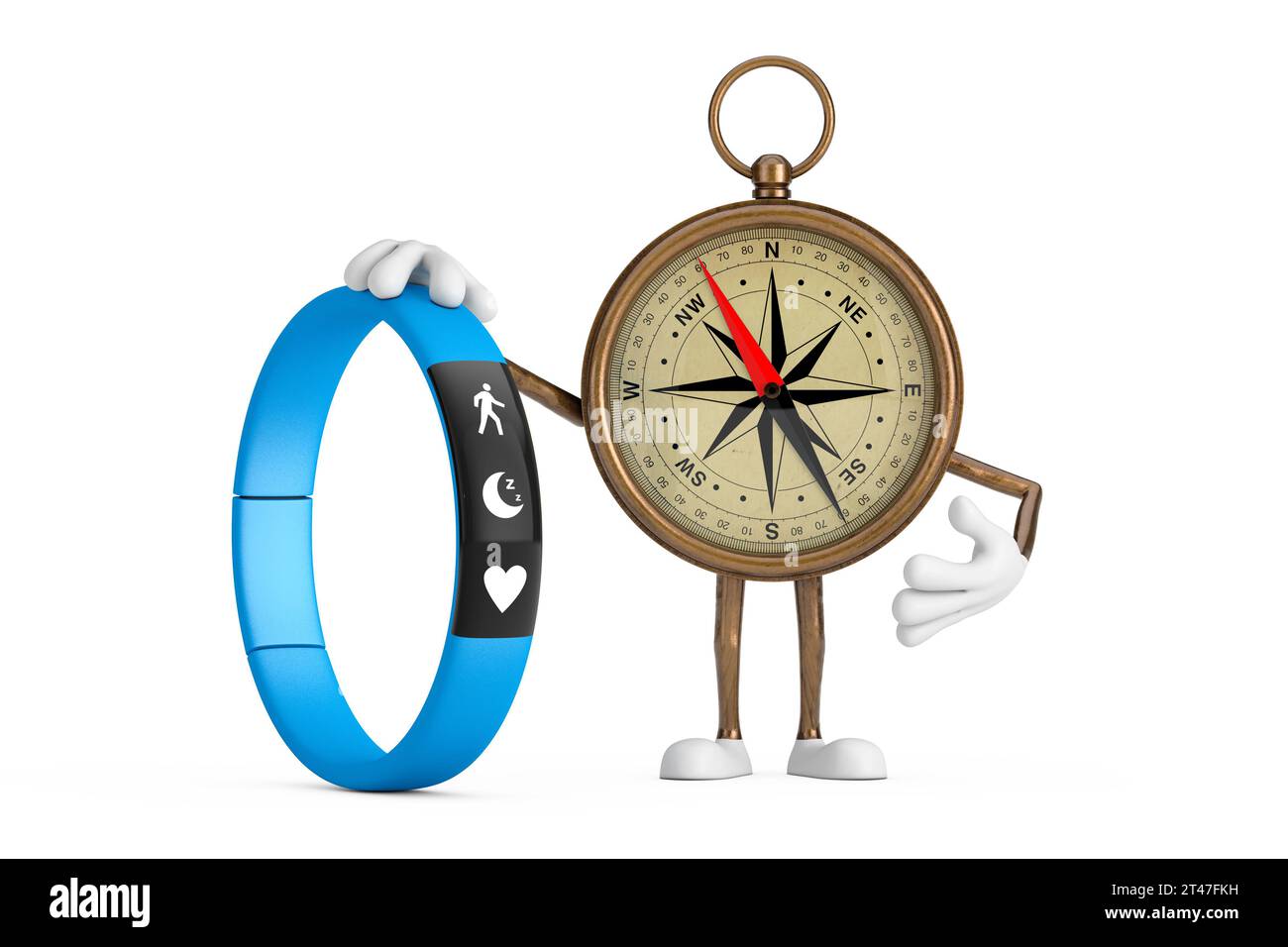 Mascherina personaggio personaggio personaggio personaggio personaggio Cartoon bussola in ottone vintage con Blue fitness Tracker su sfondo bianco. Rendering 3D. Foto Stock