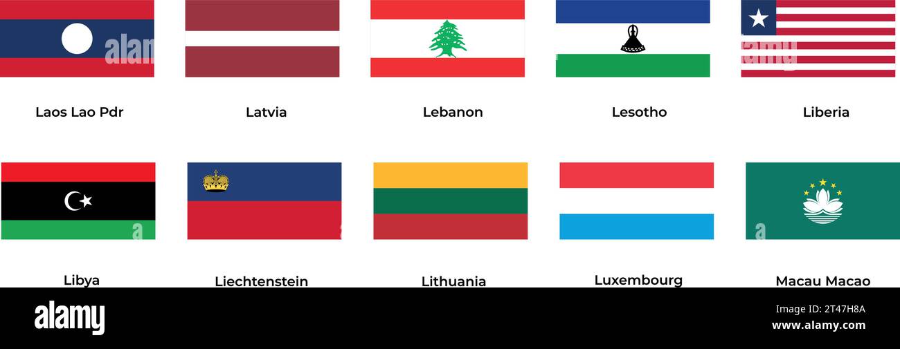 Bandiera nazionale del Laos Lettonia Libano Lesotho Liberia Libia Lituania Lussemburgo Macao Macao Illustrazione Vettoriale