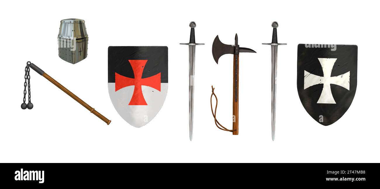 Disegnare con armi di cavaliere spada, ascia, mazza, scudo, casco. Foto Stock