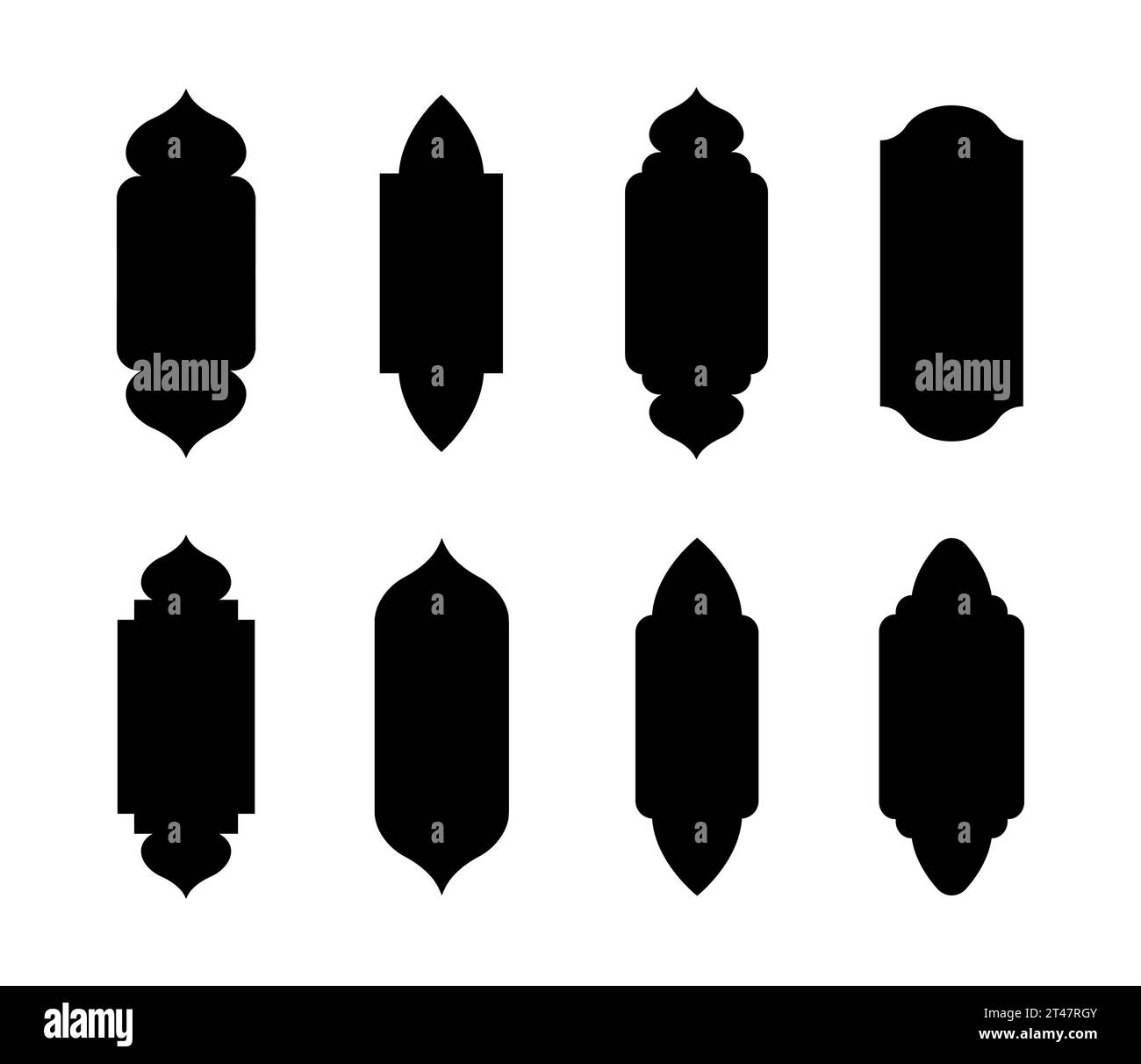 Finestre islamiche in stile orientale. Set di archi e porte arabi neri. Sagoma della moschea. Illustrazione vettoriale minimalista Illustrazione Vettoriale