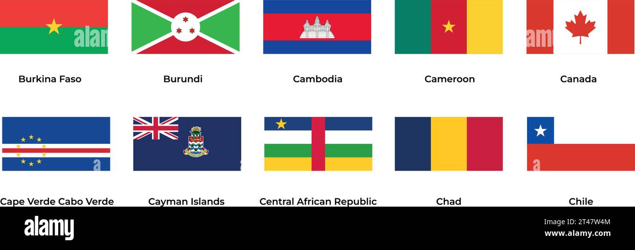 Bandiera nazionale di Burundi Cambogia Camerun Canada Capo Verde Repubblica Centrafricana Ciad Cile Illustrazione Vettoriale
