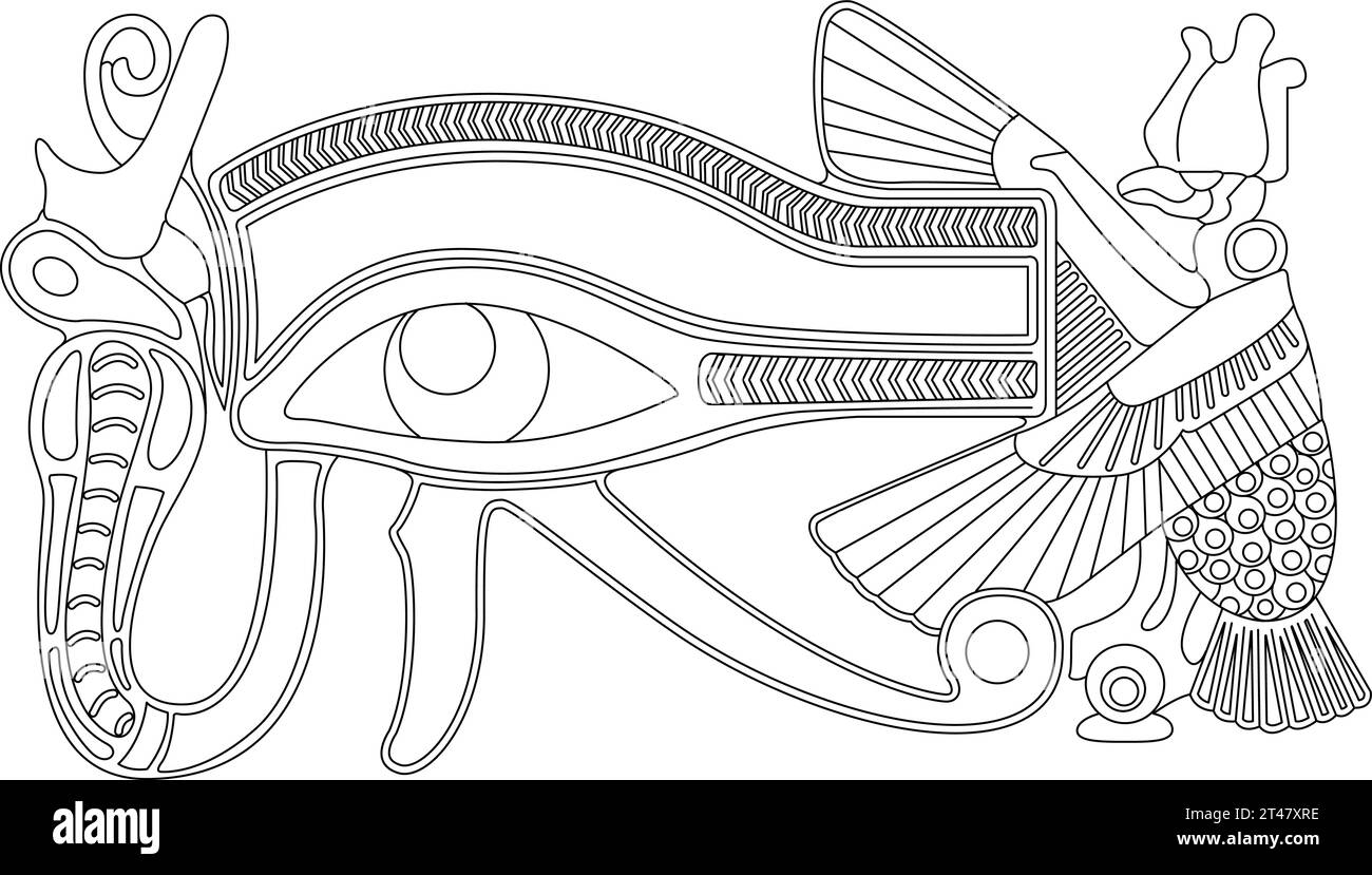 Occhio di Horus, simbolo dell'antico Egitto, illustrazione vettoriale disegnata con linea nera Illustrazione Vettoriale