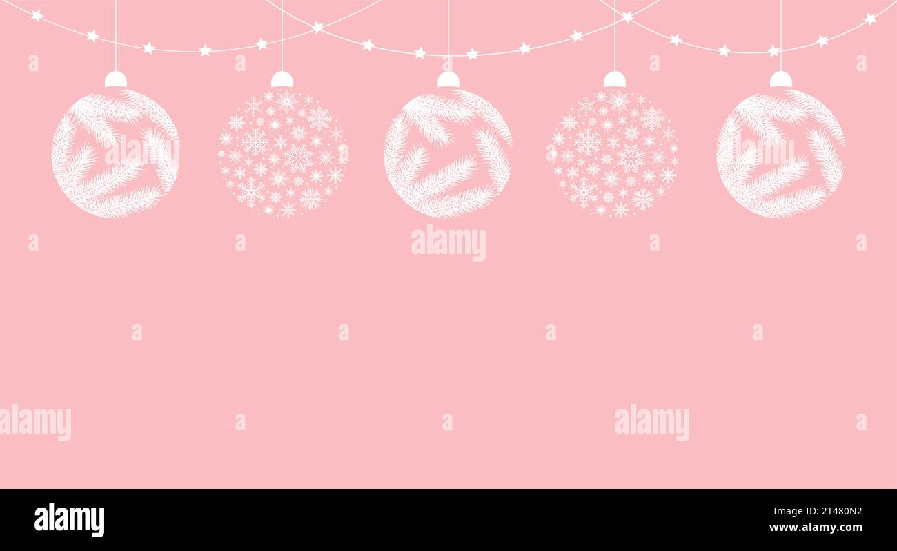 Cornice di ghirlanda e palline di Natale con motivo fiocchi di neve e rami di abete su sfondo rosa, spazio copia. Illustrazione vettoriale Illustrazione Vettoriale