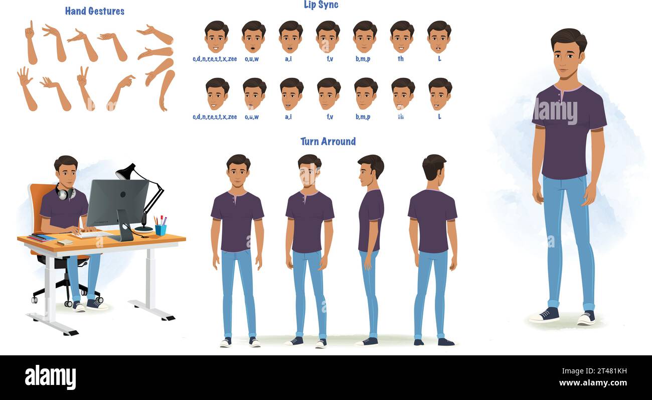 Un modello di personaggio giovane per l'animazione. Foglio modello carattere con sincronizzazione labbra, gesto della mano, foglio di rotazione, foglio modale carattere, persone Illustrazione Vettoriale